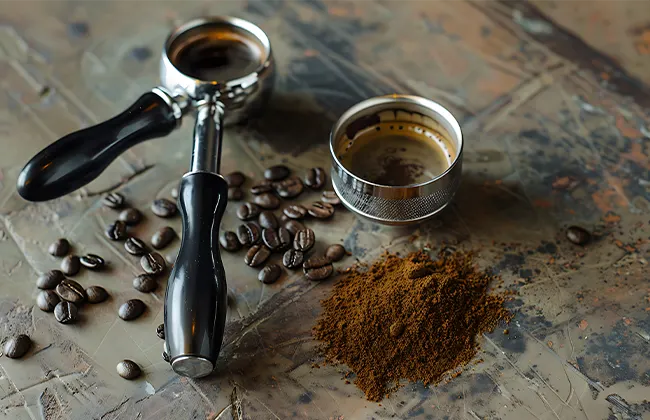 espresso-machine-parts-coffee-beans-grounds-rustic-surface